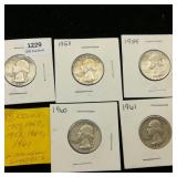 (5) 1950-60s Washington Quarters 25c ($1.25)