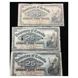 (3) 1900 Dominion of Canada 25c Bills