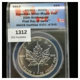 2013 CANADA $5 MS69 ANACS SILVER MAPLE LEAF 25TH