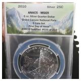 2010 ANACS MS69 First Day 5 0z Silver Grand Canyon