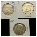 (3) 1964 Kennedy Halves 50c ($1.50)