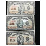 (3) 1923 Dominion Canda 25c Bills