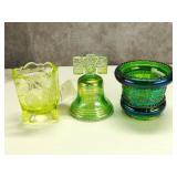 (3)  Green Toothpick Holders & Bell Joe St. Clair