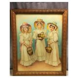 German Litho Three Flower Girls Carved Wood Frame
