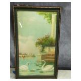 1920's Swans Colored Lithograph Period Frame