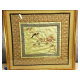 Japanese Silk Art Floral Bird Framed Glass