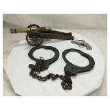 Toy Colt Pistol, Brass Cannon & Handcuffs