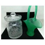 Satin Glass Green Vase & Yugoslavian Crystal Jar