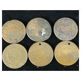 (6) Union Shield Two Cent 2c Damaged
