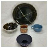 (5) Art Studio Glazed Stoneware Cups, Bowl, Plate