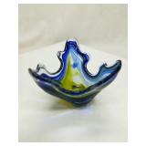 Yellow & Blue Swirl Art Glass Open Top Vase