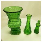 (3) Two Green Vases & Green Glass Bottle