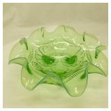 Large Ruffle Top Green 3 Footed Bon Bon Bowl