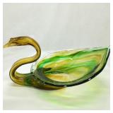 Blown Art Glass Swan Dark Yellow & Green