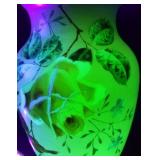 Uranium Glass Hand Painted Vase 10 1/2+"