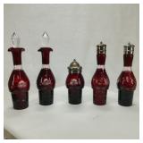 (5) Ruby Flash & Etched Glass Serving Bottles