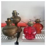 (4) Oil Lamp Bases - Brass & Red Glass