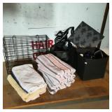 Tote Of Hair Products, Hair Rods, Shelf and Towels