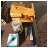 Shoe Shine Box, Scissors, Avon Figure,& Buttons