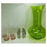 Large Light Green Glass Vase & Other Glassware