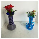 2 Hand Blown Glass Vases With Glass Flowers