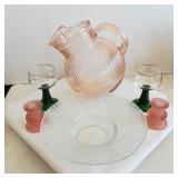 Pink Depression Glass Pitcher & Green & Gold Glass