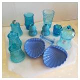 Blue Glass S&P, Dishes, Candle Holders, etc