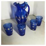 Hand Painted Fenton Style Pitcher & Glasses