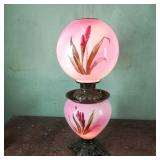 Hurricane Lamp with Hand Painted Red Iris