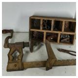 Antique Drill, Hardware Box & Wrench