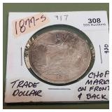 1877 S Trade Silver Dollar Chop Marks on Front and