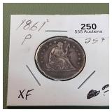 1861 P Liberty Seated Twenty Five Cents 25c
