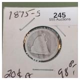 1875 S Liberty Seated Twenty Cent Piece 20c