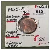 1955 S Lincon Penny BIE Error in 'LIBERTY'