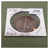 1938 D Walking Liberty Half Dollar 50c