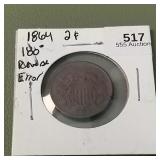 1864 Two Cent Piece 2c Error 180ï¿½ Rotated Reverse