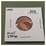 1998 Lincoln Penny 1c Error - Off-Center
