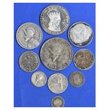 (3.04 ozt TW) 10- Mixed Foreign .900 Silver Coins