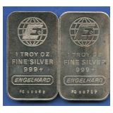 (2 ozt TW) 2- Engelhard .999 Silver Bars 1 ozt