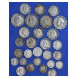 (4.05 ozt TW) 25- Mixed Foreign .900 Silver Coins