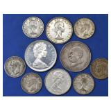 (3.07 ozt TW) 10- Mixed Foreign Silver Coins .800