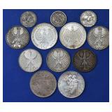 (4.10 ozt TW) 12- Mixed Foreign Silver Coins .625