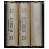 3- Rolls of 1960 Jefferson Nickels AU/BU