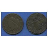 2- 1829 Coronet Head Large Cents