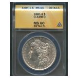 1881-S Morgan Silver Dollar ANACS MS60 Details