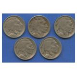 5- Mixed 1910's Mintmarked Buffalo Nickels