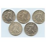 5- Mixed Walking Liberty Half Dollars