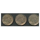 3- 1913 Type 1 Buffalo Nickels Higher Grade