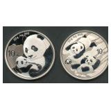 (1.93 ozt TW) 2- China 10Yn Pandas .999 Silver 30g