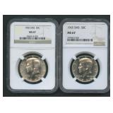 2- 1965 SMS Silver Kennedy Halves NGC MS 67